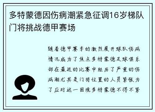 多特蒙德因伤病潮紧急征调16岁梯队门将挑战德甲赛场